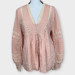 Sundance Pink Blouse Lace Trim Button Front Long Sleeve Peasant Top Oversize‎ XS